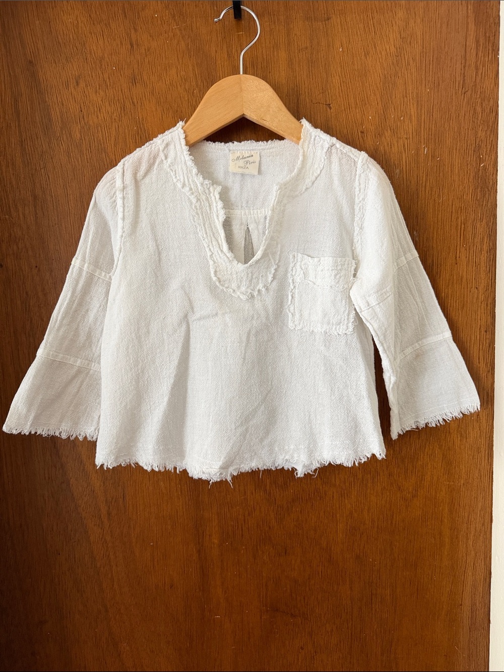 Girls' Cream Textured Cotton Top with Frayed Trim